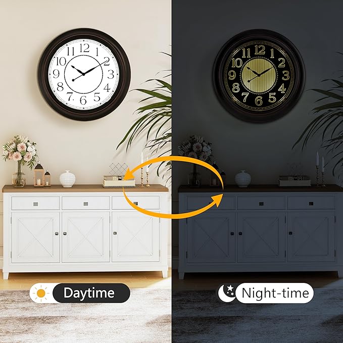 Koosome 18 Inch Lighted Wall Clock Outdoor Clocks with Smart Light Sensor Battery Operated Wall Clocks with Night Light, Waterproof Wall Clock for Patio, Garden, Porch, Living Room, Home, Office