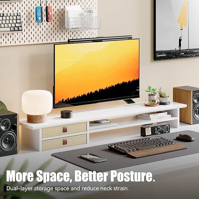 FENSULN Dual‑Tier Monitor Stand Riser with Drawers, Desktop Organizer Shelf Storage for Computer Screen 2 Monitors, Supports for PC Computer Monitor, Printer, Heavy TV Riser White