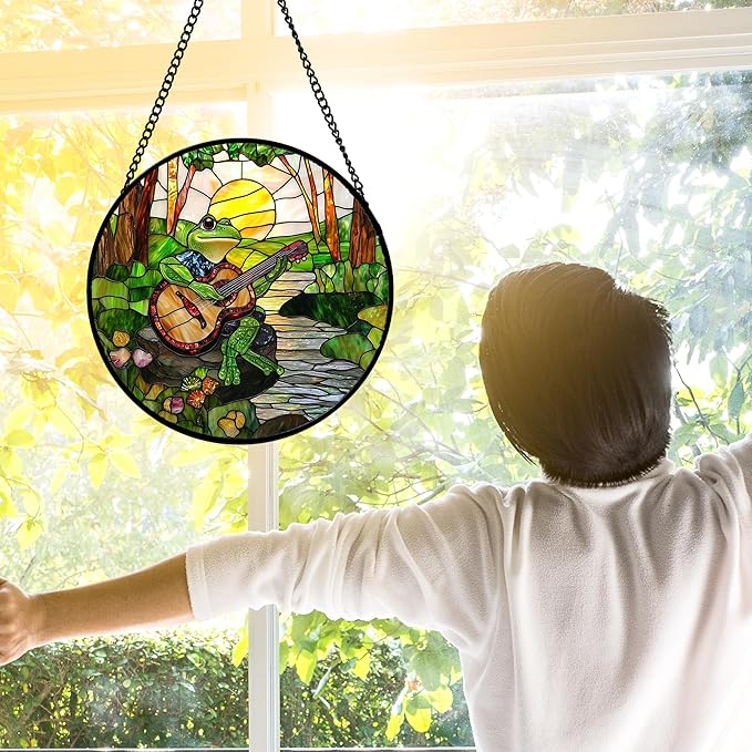 DASTOLL Stained Glass Window Hanging, Frog Playing Guitar Suncatcher Diamond Glass Panel Funny Sun Catchers Decor for Birthday for Women, Men, Wife, Aunt, and Mom 11.8x11.8 in