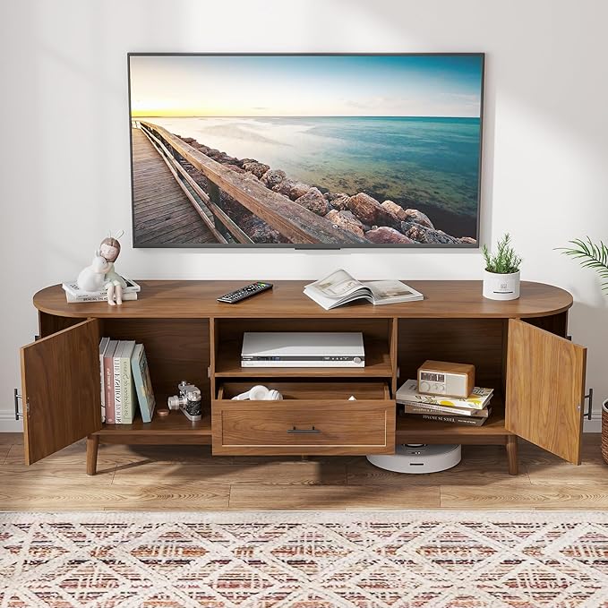 Mxtxmy 70" Fluted TV Stand for Tvs up to 80", Mid-Century Modern Entertainment Center with Drawers and Fluted Doors, Curved TV Media Console Table with Sliding Doors for Living Room, Bedroom (70")