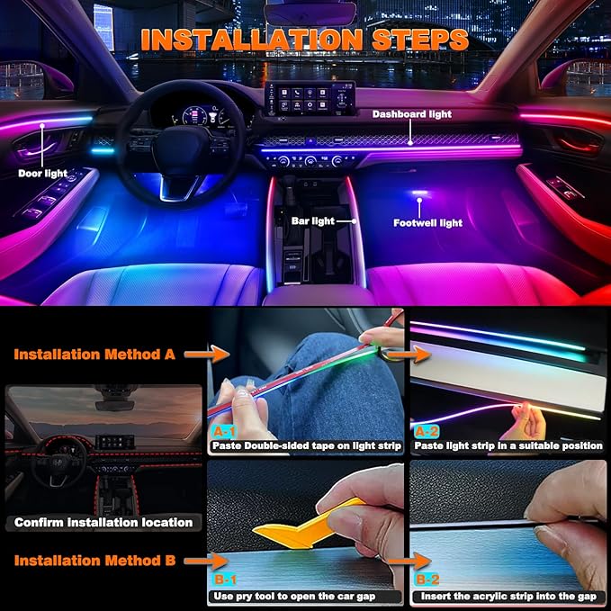 Jushope Interior Car LED Strip Lights, Acrylic LED Lights for Car with Dynamic Dreamcolor Chasing, Ambient Lighting Kits Music Sync Wireless APP and RF Remote Control (2 * 29.5'')
