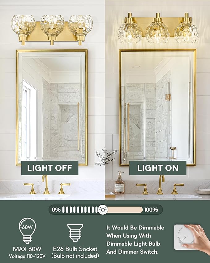 METWET Bathroom Light Fixtures Over Mirror, 3-Light Brushed Gold Vanity Light with Clear Hammered Glass Globe Shade, Modern Sconces Wall Lighting Bedroom Hallway, VL200-BG-3