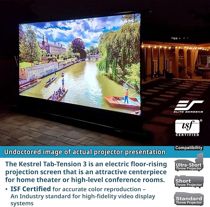 Elite Screens Kestrel Tab-Tension 3 CineWhite, 150 inch 16:9 Aspect Ratio, ISF Certified, Electric Floor-Rising Motorized Tab-Tensioned Front Projector Screen, Programmed Remote Kit, FTE150H3