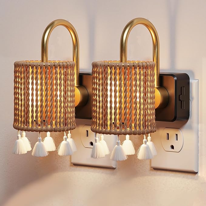 L LOHAS LED Night Lights Plug into Wall, 2 Pack Boho Fabric Cylinder Night Light with Tassel, Dusk to Dawn Sensor, 0-100LM Dimmable Night Lights, Vintage Nightlight for Bedroom, Living Room, Hallway
