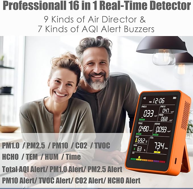 Professional Indoor Air Quality Monitor with AQI Alarms, Portable Real-Time Detector for Home Cars Plants and Pets (Amber Orange)