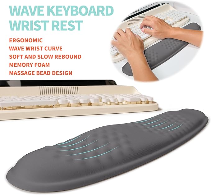 KUOSGM 2-in-1 Ergonomic Set, Wave Rise Keyboard Wrist Rest and Massage Bulge Slope Mouse Pad Wrist Support, Cushion Memory Foam Integrated to Relieve Wrist Pain, Deep Gray