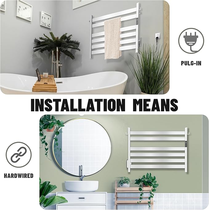 K&KALONZO Towel Warmer for Bathroom, Wall-Mounted 6-Bar Heated Towel Rack with Built-in Timer, Waterproof Electric Towel Heater, Support Plug-in and Hardwired, Polished, EL18M