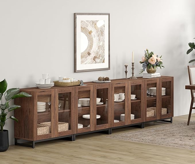 WAMPAT Modern TV Stand with Glass Doors for 120 inch TVs, 4 in 1 Entertainment Center Console with Adjustable Shelves and Metal Base for Living Room, Bedroom, Brown