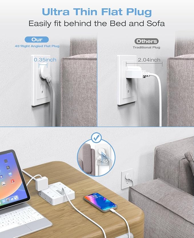 AOFO 25FT Surge Protector Power Strip,12 AC Outlets with 6 USB Ports (2 USB-C), Flat Plug Extension Cord with Multiple Outlets, Wall Mount for Home Office,Dorm, White