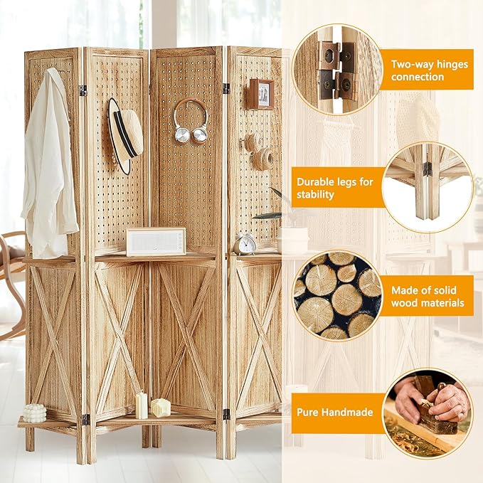 Aleesing 6 Panel Pegboard Display with Shelf, Wooden Pegboard Room Divider Wall with 24 Hooks, Partition Room Dividers and Folding Privacy Screens, Bedroom, Jewelry Store, Natural