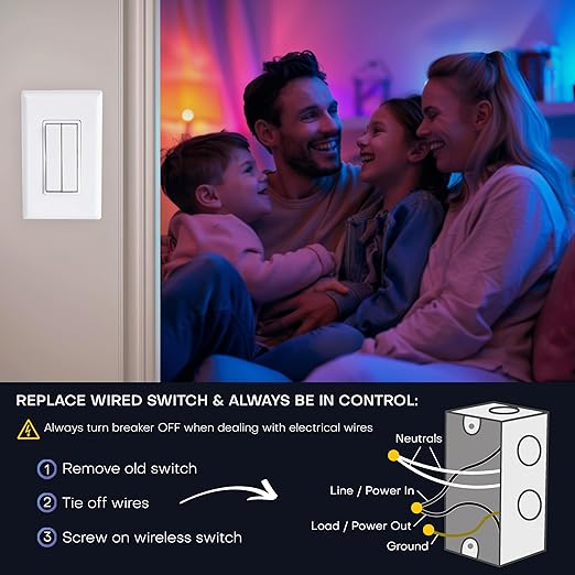 RunLessWire Click for Philips Hue – Battery-Free Wireless Smart Light Switch, 30ft Range – Works Natively with Philips Hue Bridge – Wall Mount Kinetic Switch - Decora Style, Brown