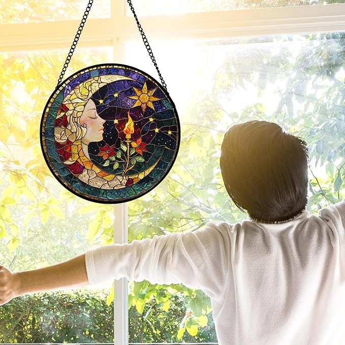 DASTOLL Stained Glass Window Hanging, Moon Goddess Torch Suncatcher Diamond Glass Panel Hangings Dream Sun Catchers Decor for Birthday for Women, Men, Wife, Aunt, and Mom 6.3 in