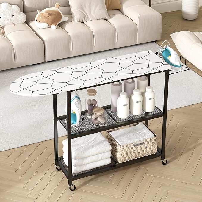 GILLAS Ironing Board with 2 Tier Storage Basket, Movable Ironing Board Full Size for Iron Rest & Clothes, Tabletop Ironing Boards, Ironing Stand Iron Boards Ironing Table Rustic, White