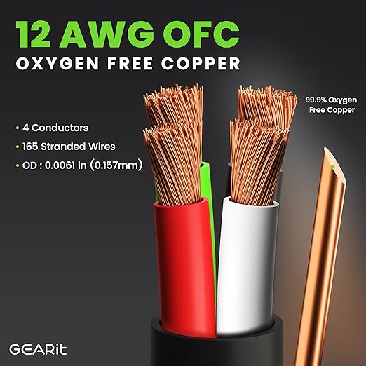 GEARit Outdoor Speaker Wire CL3 Rated, 12 Gauge Speaker Wire, Speaker Cable 100 ft for Outdoor Speakers, Patio, Garden, Backyard Audio, Direct Burial in Ground/in Wall, OFC (Black, 4-Conductors)