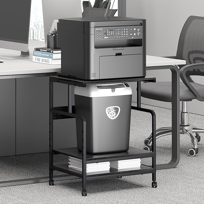 Arbuxzuy Large Printer Stand with Storage Shelf, 23.6" W x 18.9" D Printer Cart with Wheels, 3 Tier Mobile Printer Table for Home Office,Stands for Heat Press Scanner Fax (Black)