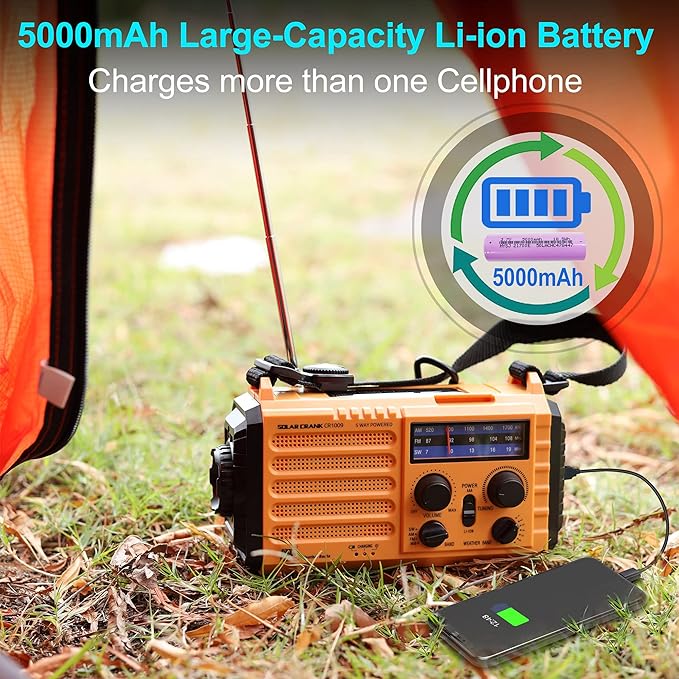 NOAA Weather Radio AM/FM/Shortwave, 5 Way Powered Emergency Radio 5000mAh/18500mWh Battery Backup Solar Crank, Portable Phone Charger with LED Flashlight, Reading Lamp and SOS Alarm for Survival