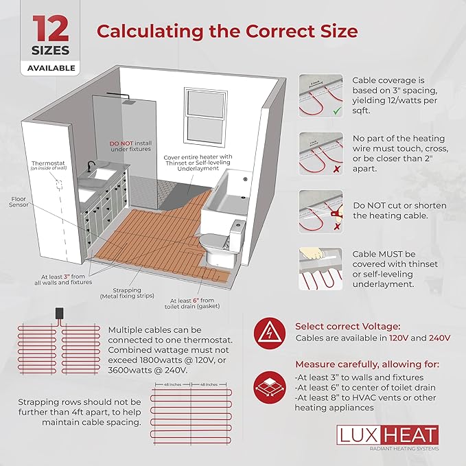 LuxHeat 160sqft Floor Heating Cable Kit - 240v Under Tile Floor Heater Kit - Heated Flooring System Includes UDG4 Programmable Thermostat w/GFCI, Heating Cable, Strapping, Flooring Sensor & Alarm