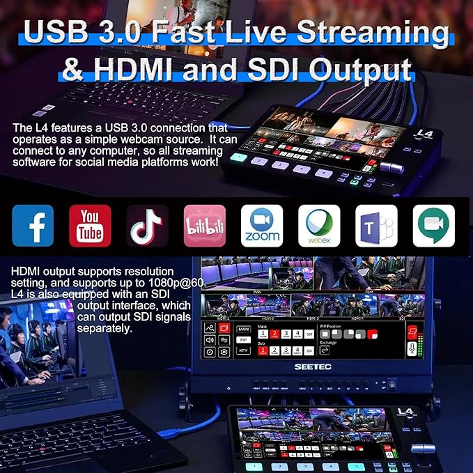 Feelworld L4 Switcher 10.1 Inch Touch Screen Multi-Camera Video Mixer Switcher,4xHDMI,SDI,Audio Input/Output,App/PTZ Control,USB3.0 Fast Streaming,Built-in Cooler,13 Transitions