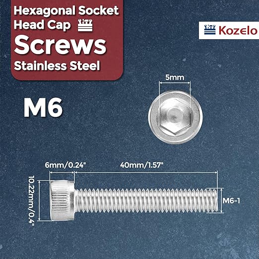 Kozelo 30pcs Socket Head Cap Screws - [M6-1 x 40mm] 304 Stainless Steel Allen Socket Drive for Electrical Motor 3D Printing Fan Engine Replacement Use, Silver