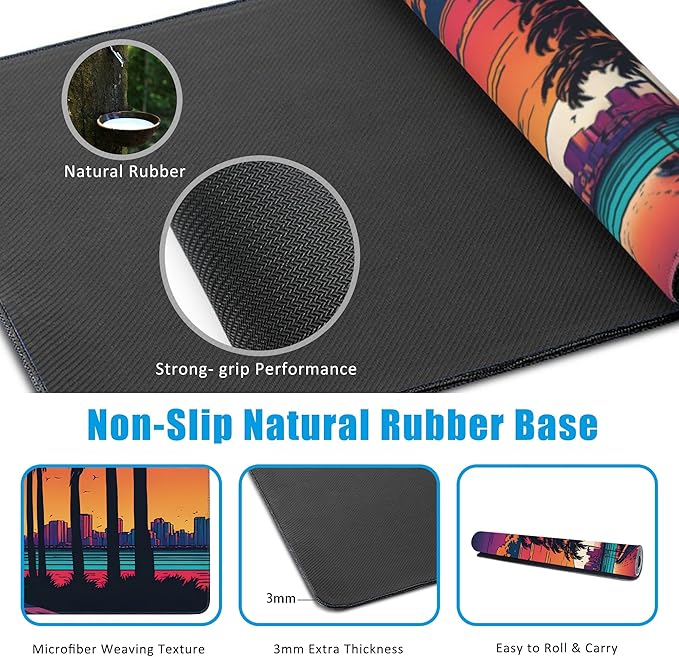 EOBKLAX Mouse Pad,Orange Purple Miami Landscape Desk Mat for Desktop,Desk Pad with Non-Slip Base and Stitched Edge,Extended Mousepad for Office and Home 35.4X15.7 Inch
