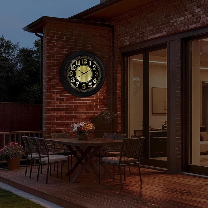 Koosome 18 Inch Lighted Wall Clock Outdoor Clocks with Smart Light Sensor Battery Operated Wall Clocks with Night Light, Waterproof Wall Clock for Patio, Garden, Porch, Living Room, Home, Office