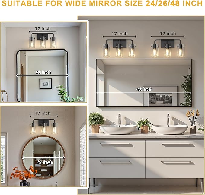 L LOHAS LED 3-Light Bathroom Light Fixtures, 17.71" Black Bathroom Vanity Light with Straight Glass Shades, Modern Vanity Lights for Bathroom Light Fixtures Over Mirror Living Room Hallway, E26, ETL
