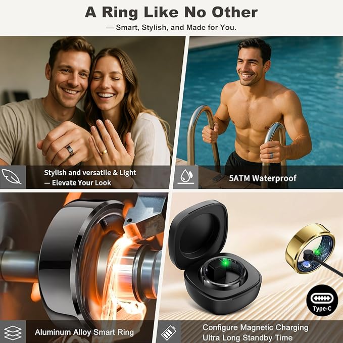 RIFESI Smart Ring for Women Men, Fashion Minimalist Fitness Ring & Sleep Tracker Ring with Heart Rate, Blood Pressure,5ATM Waterproof Health Ring,Gifts for Women Men Gift,No Subscription (10,Black)