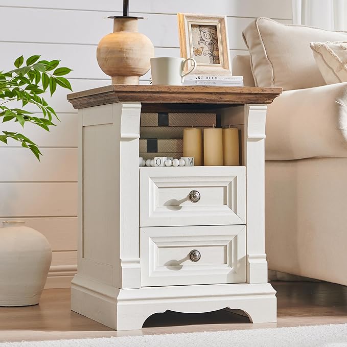 T4TREAM Farmhouse Nightstand Set of 2, 18" End Table with 2 Drawers Storage, Wood Side Table w/Roman Column, Bedside Cabinet for Bedroom, Living Room, Antique White