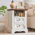 T4TREAM Farmhouse Nightstand with Charging Station, 18" End Table with 2 Drawers Storage, Wood Side Table w/Roman Column, Bedside Cabinet for Bedroom, Living Room, Antique White
