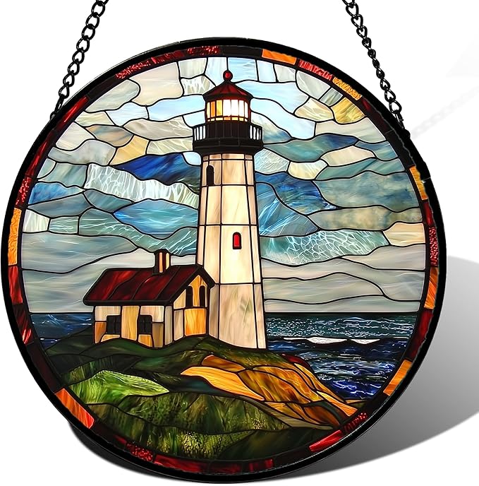 DASTOLL Stained Glass Window Hanging, Ocean Lighthouse Sun Catchers Glass Panel Blue Green Suncatcher Decor for Birthday for Women, Men, Wife, Aunt, and Mom 14.9x14.9 in