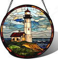 DASTOLL Stained Glass Window Hanging, Ocean Lighthouse Sun Catchers Glass Panel Blue Green Suncatcher Decor for Birthday for Women, Men, Wife, Aunt, and Mom 14.9x14.9 in