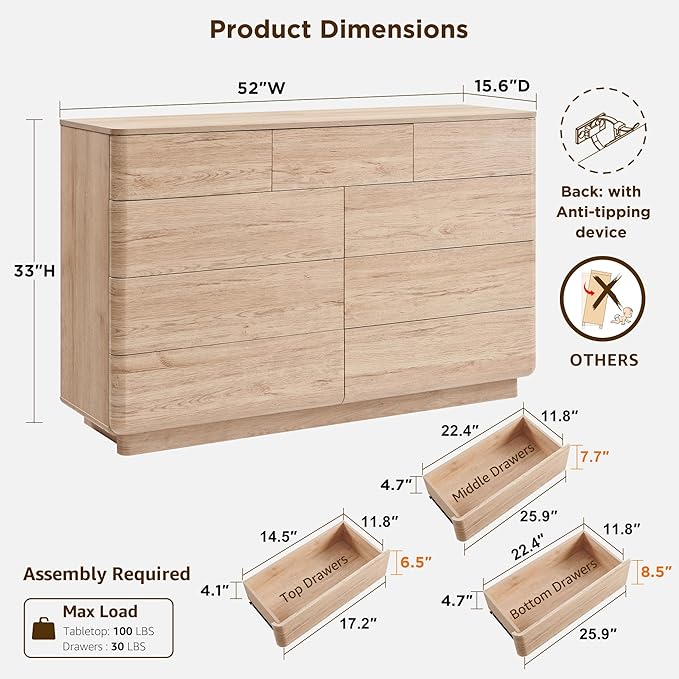 JXQTLINGMU 9 Drawer Dresser for Bedroom, 52" Wide Modern Wood Dressers with Push-to-Open Drawers for Closet Storage, Chest of Drawers TV Stand for Living Room & Hallway, Curved Profile, Natural