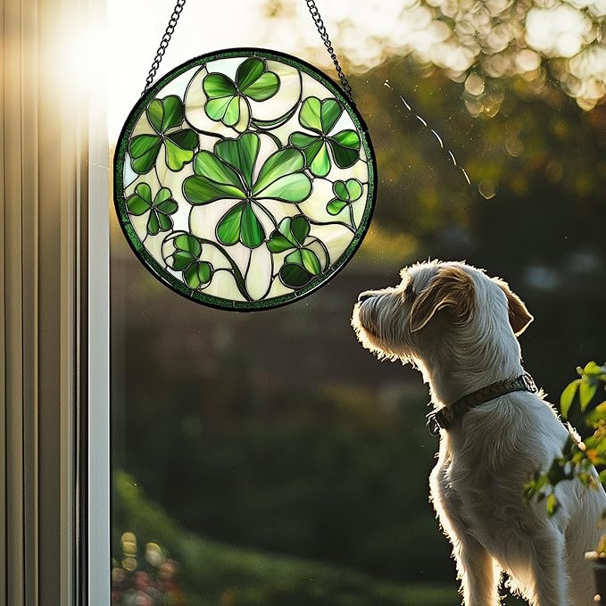 CRISGIF Stained Glass Window Hanging - Ireland Green Lucky Clover Suncatcher for Doors Garden St. Patrick's Day Sun Catchers Decor Mother's Day Birthday for Women Men Mom Nana 6.3 in