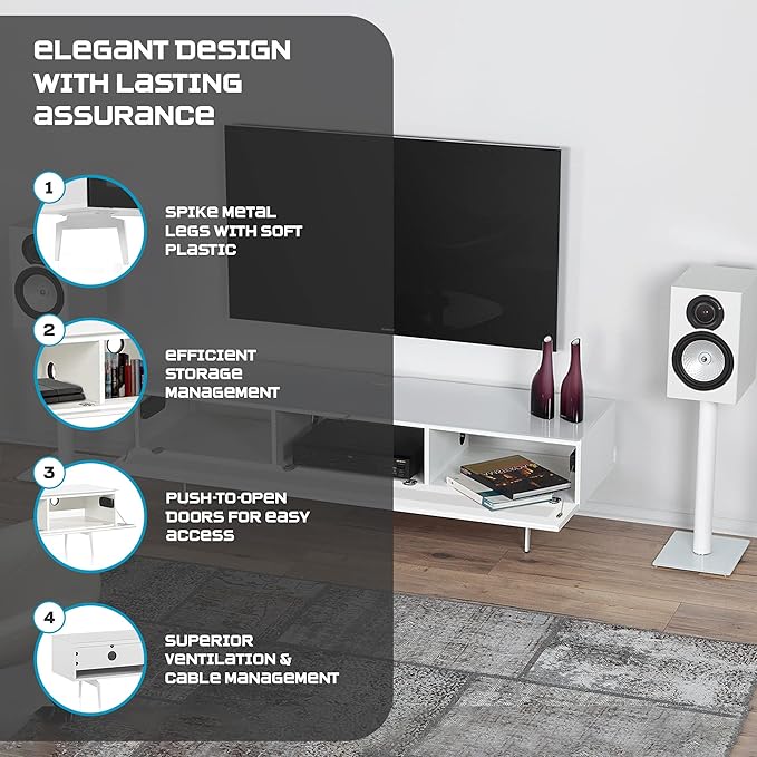 SONOROUS ST-360 Premium TV Stand for Living Room – Modern TV Stands & Entertainment Center with Storage – White Wood & Black Glass Cover – Luxury Media Console with Metal Legs for TVs up to 75 inches