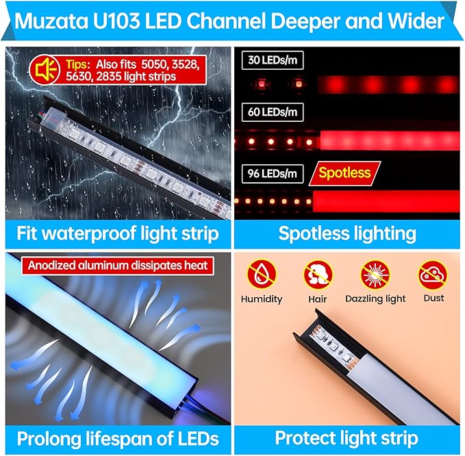 Muzata 10Pack 3.3FT/1M Plus-Size Spotless LED Channel Black LED Strip Diffuser Channel with Milky Frosted White Diffuser Cover U103 BW 1M