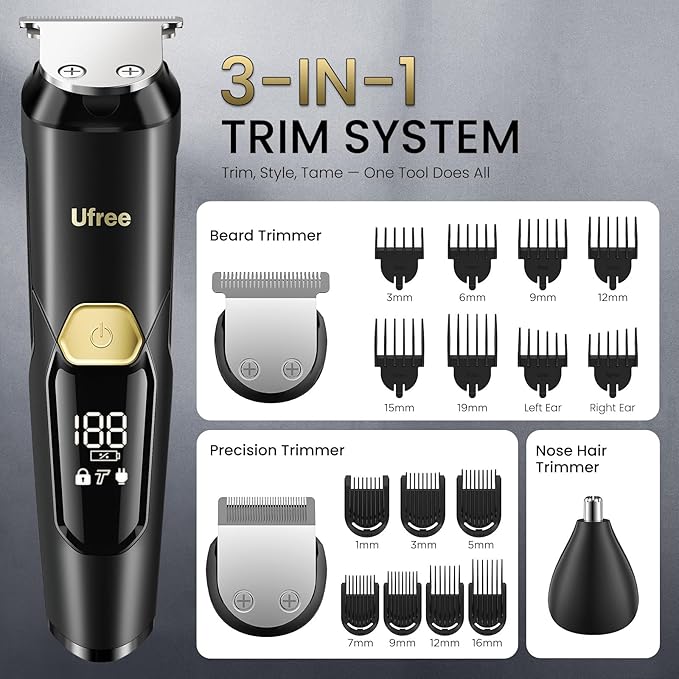 Ufree 3-in-1 Beard Trimmer Kit, Men's Electric Razor Shaver for Mustache, Professional Hair Trimmer, Type-C Rechargeable Clippers, Waterproof Body Grooming, Birthday Valentines Gifts for Him