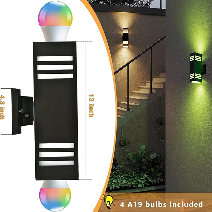 rosykite Smart Outdoor Sconce Lights 2 Pack, Up Down Wall Porch Lights RGB Color Changing WiFi APP Control, Dimmable LED Exterior Wall Lighting Fixtures Work with Alexa,No Hub Required,ETL Listed
