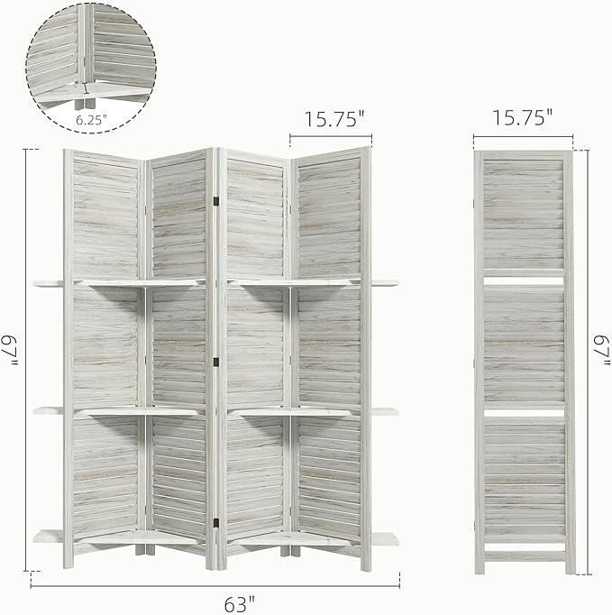 HOMCOM Room Divider, 4 Panel 67" Tall Wood Privacy Screen with 3 Display Shelves, and Folding Storage for Bedroom or Home Office, Distressed White