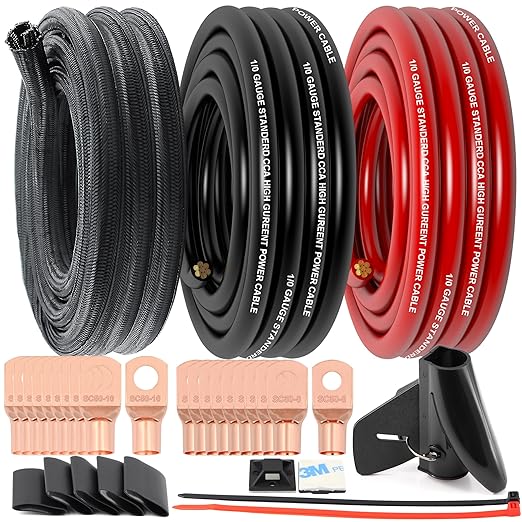 1/0 Gauge Wire CCA (20Ft Each Black/Red) Primary Automotive Wire with Lugs Kit,1/2 Inch Cable Split Sleeving,Battery Cable,Car Amplifier Power Ground Wires,Amp Install Wiring