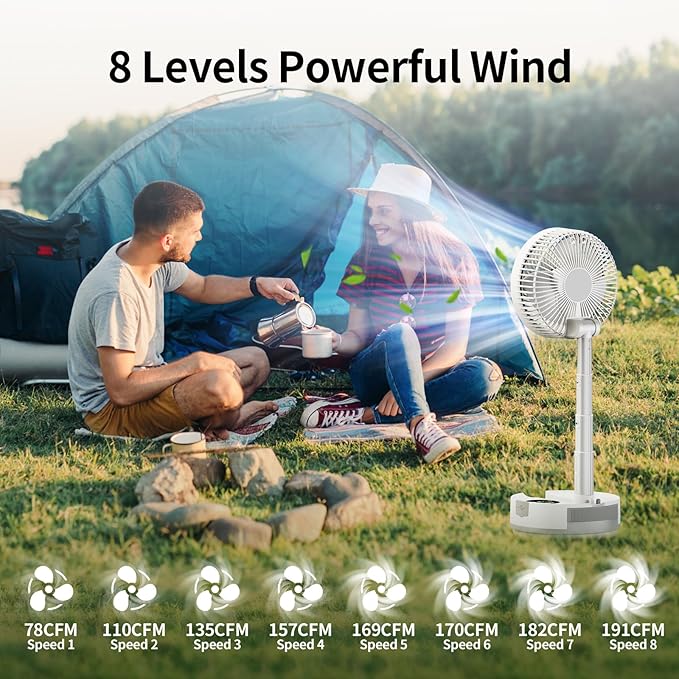 Socool 20000mAh Portable Fan Foldable Wireless Battery Rechargeable with 8-Speed & 112H, 90° Osciliating Floor Standing Fan Remote, Desk Fan with 8H Timer & LED Light for Home Kitchen Travel Camping