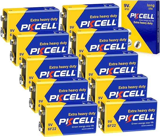 PKCELL 9V Batteries, 10 Pack 9 Volt Batteries Carbon Zinc, 9V Battery for Smoke Detector, Alarms, 6F22 Square Battery