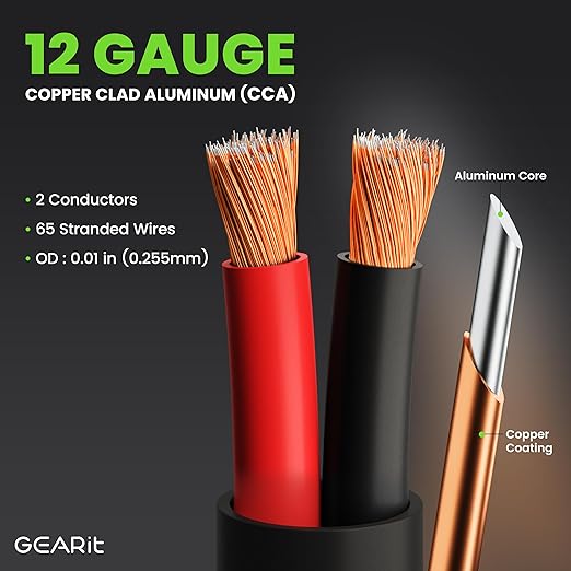 GEARit Outdoor Speaker Wire CL3 Rated, 12 Gauge Speaker Wire, Speaker Cable 100 ft for Outdoor Speakers, Patio, Garden, Backyard Audio, Direct Burial in Ground/in Wall, CCA (Black, 2-Conductors)