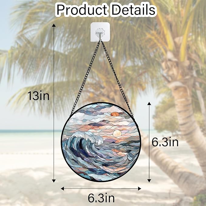 DASTOLL Stained Glass Window Hanging, Sunrise Waves Sun Catchers Diamond Glass Panel Hangings Abstract Suncatcher Decor for Birthday for Women, Men, Wife, Aunt, and Mom 6.3 in