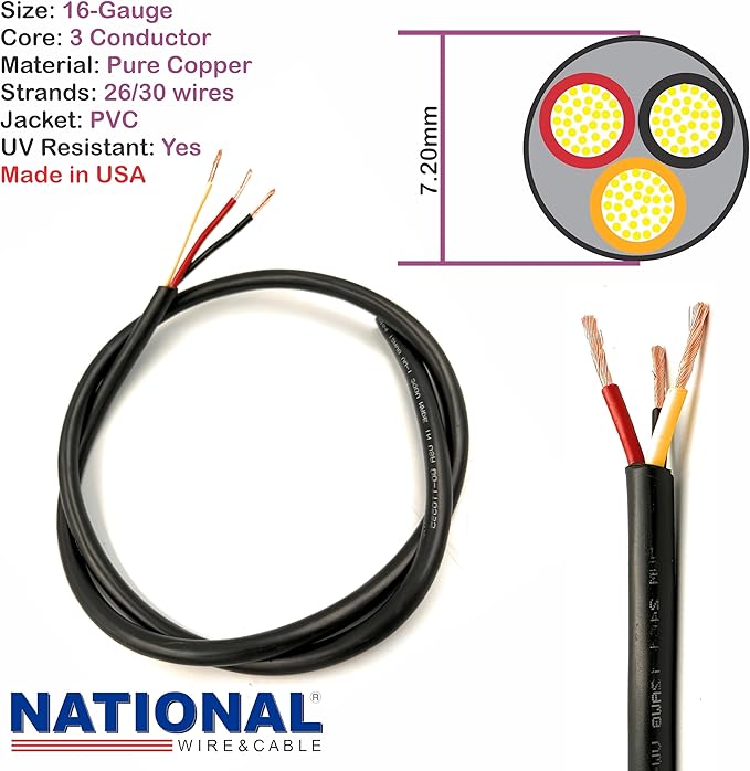 NATIONAL Wire & Cable – 16 AWG 3-Conductor Premium Copper Wire, 100 ft, Stranded | Made in USA, Heavy-Duty Flexible Jacket | LED, Lights, DIY Projects, Low Voltage Wiring, Indoor and Outdoor Use