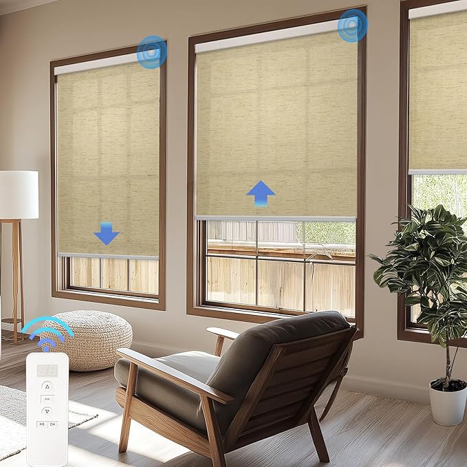 COOLWINDS Motorized Blinds with Remote Cordless Automatic Motorized Shades Custom Blinds for Windows Smart Curtains Compatible with Alexa Google Home(Light Filtering Linen Soft Dunes,W67 x H72in)