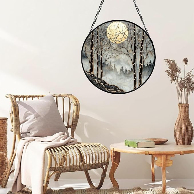 AMDERVEN Stained Glass Window Hanging - Black and White Gold Moon Forest Sun Catcher for Door Home Decor Suncatcher Christmas Mother's Day Birthday Gifts for Women Men Lovers Mom Nana 15 in