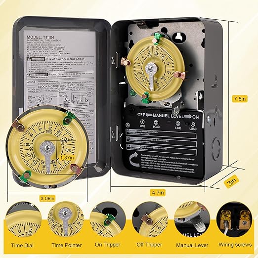T104 Electromechanical Timer Switch,208-277 VAC 5HP 40A DPST Pool Pump Timers Replacement,24-Hour 12 ON/Off Mechanical Timer Switch for Pool Pump Water Heater Lighting