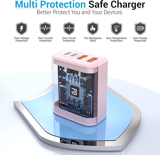 TT&C USB C Block 40W, 4 Ports Wall Plug Fast Charging Block, PD+QC Multiport Power Adapter USB C Charger Type C for iPhone 17, 17 Air, 17 Pro, 17 Pro Max, 16,15,14,13,12, Galaxy Phones (Pink 1Pack)