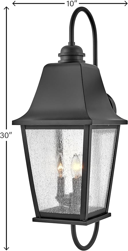 Hinkley Kingston Large Wall Mount Lantern - Oversized Sweeping Roof & Arms, Aluminum, Clear Seedy Glass - Black Finish