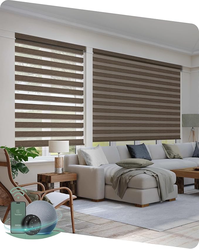 Yoolax Motorized Zebra Blinds Compatible with Alexa, Smart Room Darkening Shades with Privacy Light Control, Electric Horizontal Window Blind Customized Size for Home Office (Wool Brown)